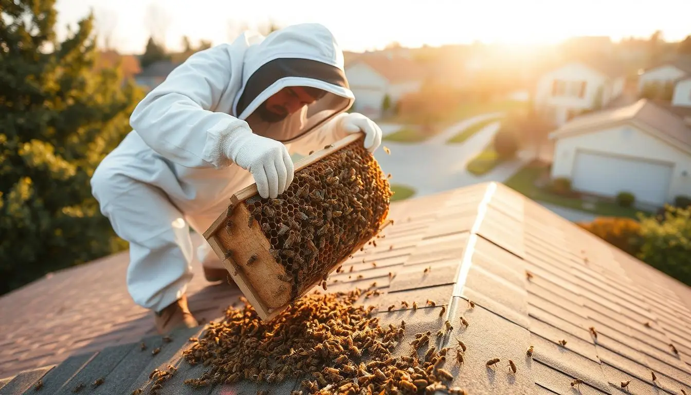 Honey bee comb being cut out of a wall cavity during a removal